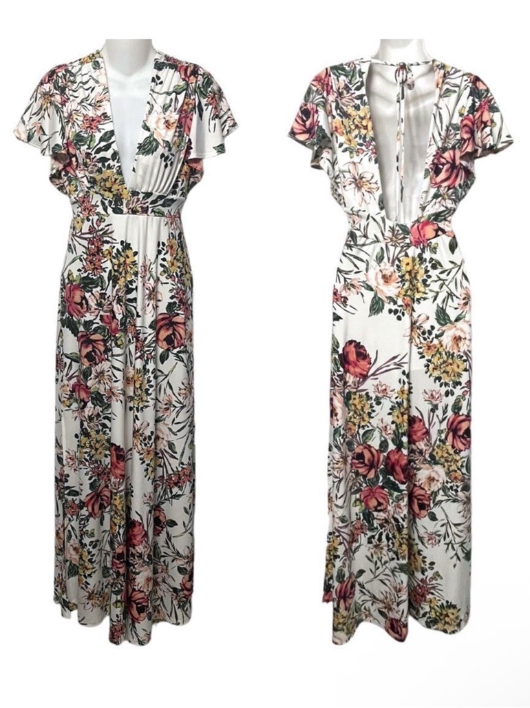 Veronica M Stretch Floral Flutter Sleeve Maxi Dress S